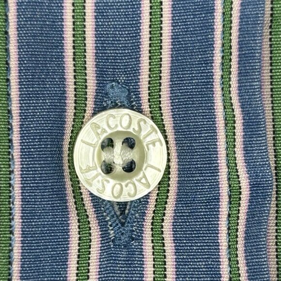 Lacoste Shirt Mens 44 Button Up Blue Green Pink Stripe Alligator Logo Preppy - Picture 6 of 12